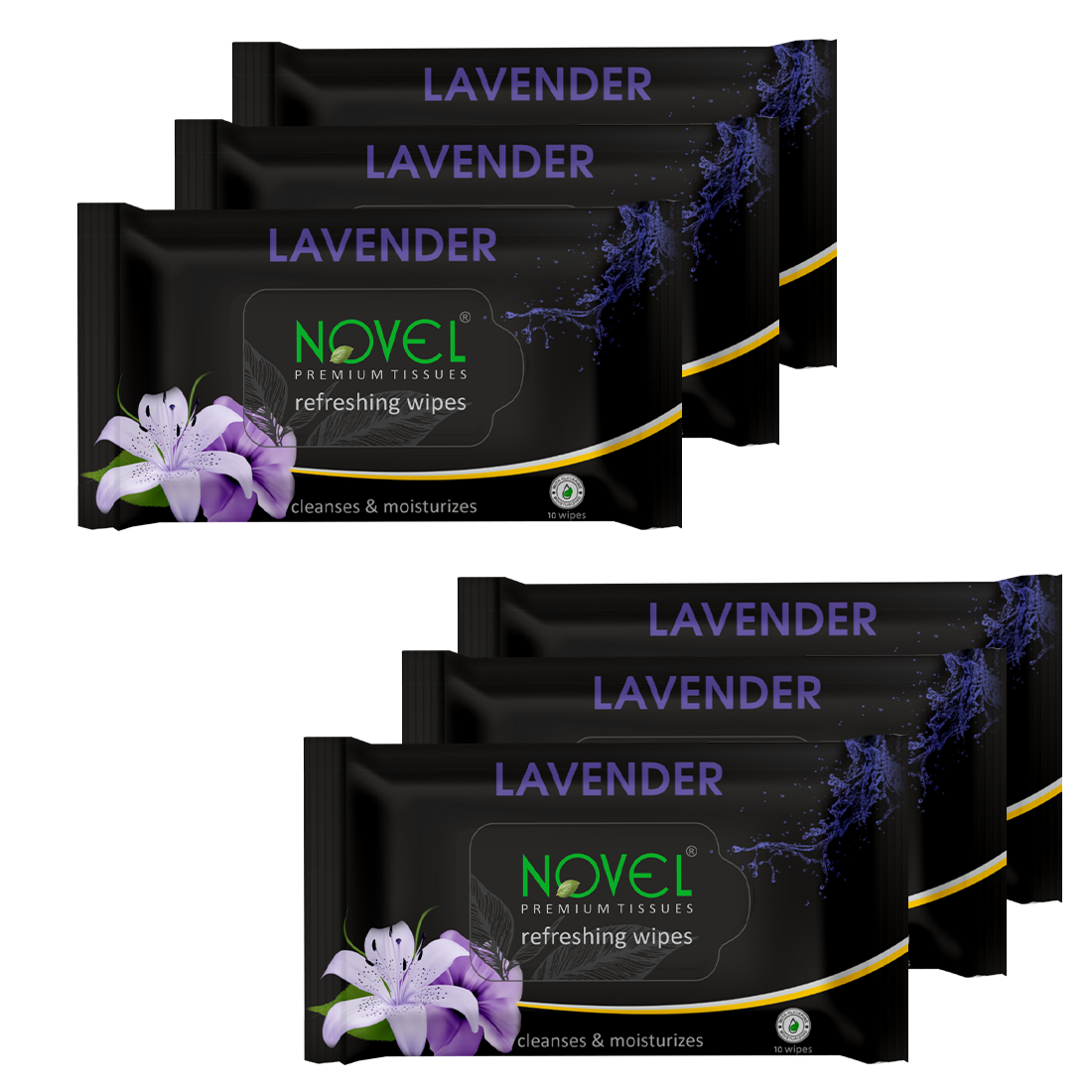 Novel Refreshing Wet Wipes | Alcohol-Free, Aqua Glycerine with Lavender Fragrance | 25 Wipes (Pack of 6)