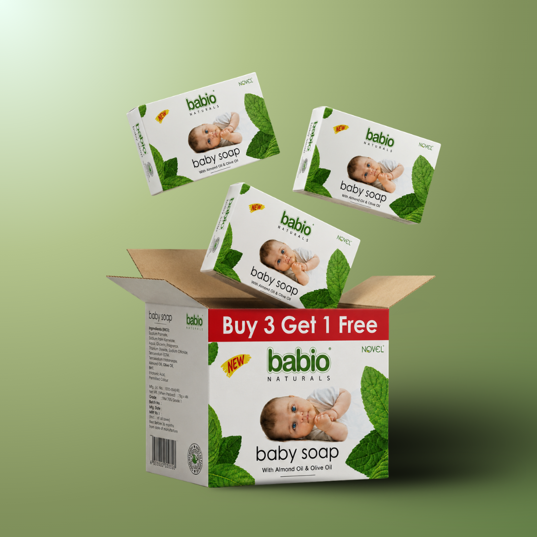 Novel Babio Baby Soap with Almond Oil & Olive Oil | 75g (Pack of 3+1 Free) – Gentle Cleansing & Nourishing Care for Delicate Baby Skin | Helps Maintain Softness, Moisture & Comfort | Mild & Skin-Friendly for Daily Use