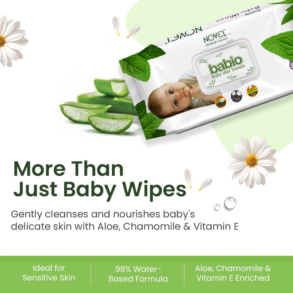 Babio Soft Cleansing Baby Wipes Lid Pack | Contains Aloe Vera & Chamomile Oil -80 Wipes