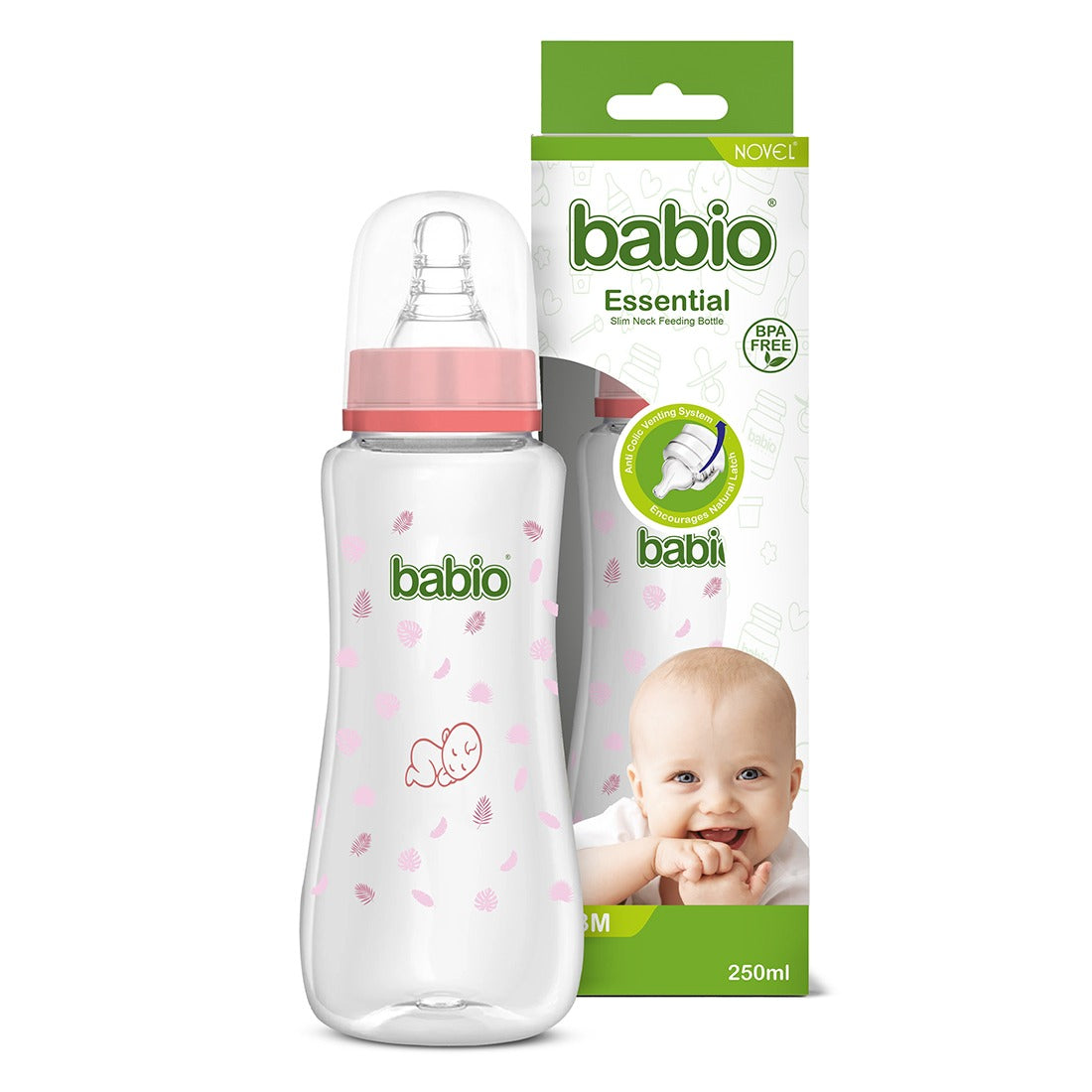 Novel Babio Baby Feeding Bottle – 250 ml | Slim Neck, Easy Grip & Safe Feeding