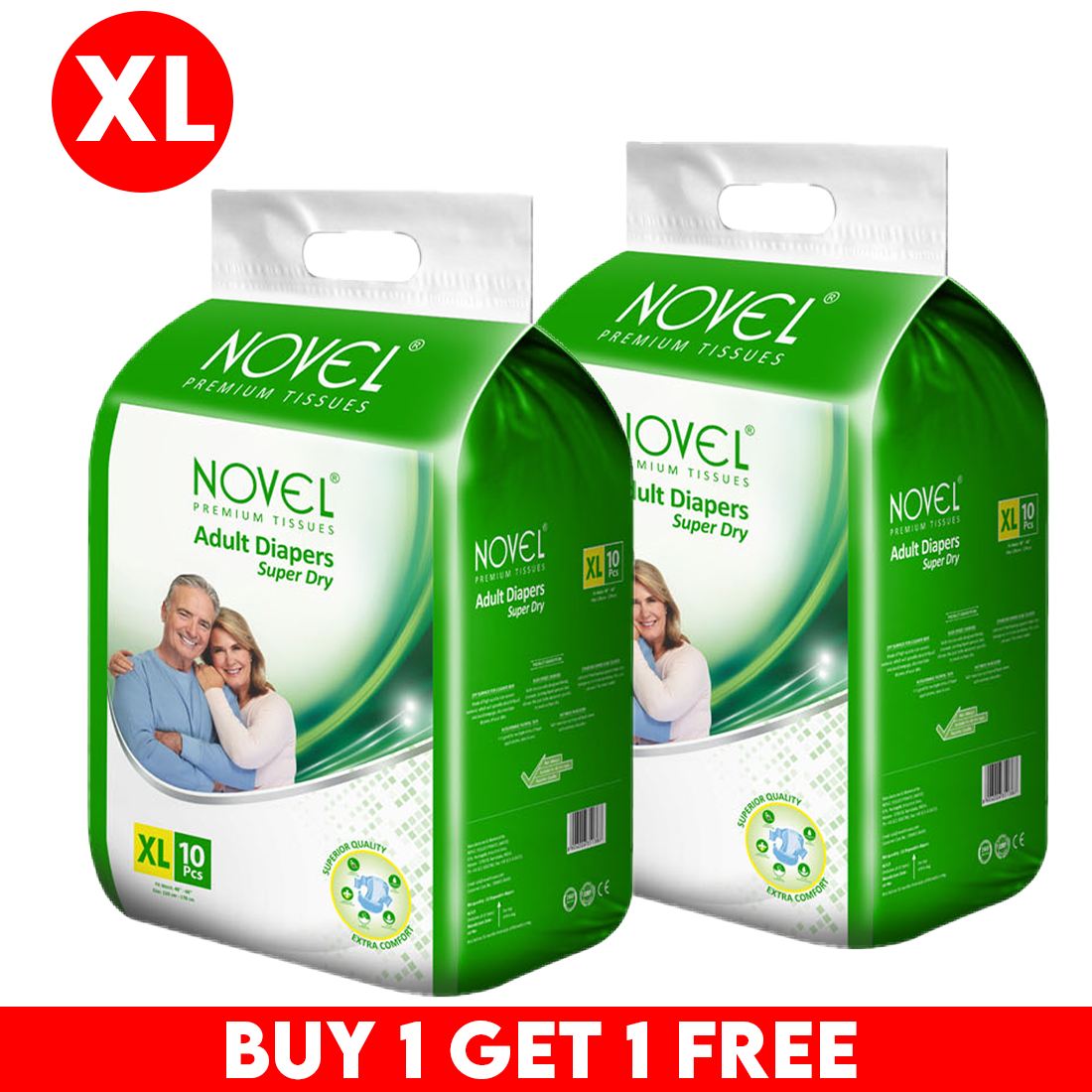 Novel Adult Diaper Super Dry Wrap Style XL (10 Pieces) – High Absorbency, Leak Protection, Odour Control | Soft & Skin-Friendly, Adjustable Fit | Unisex Adult Diapers | Buy 1 Get 1