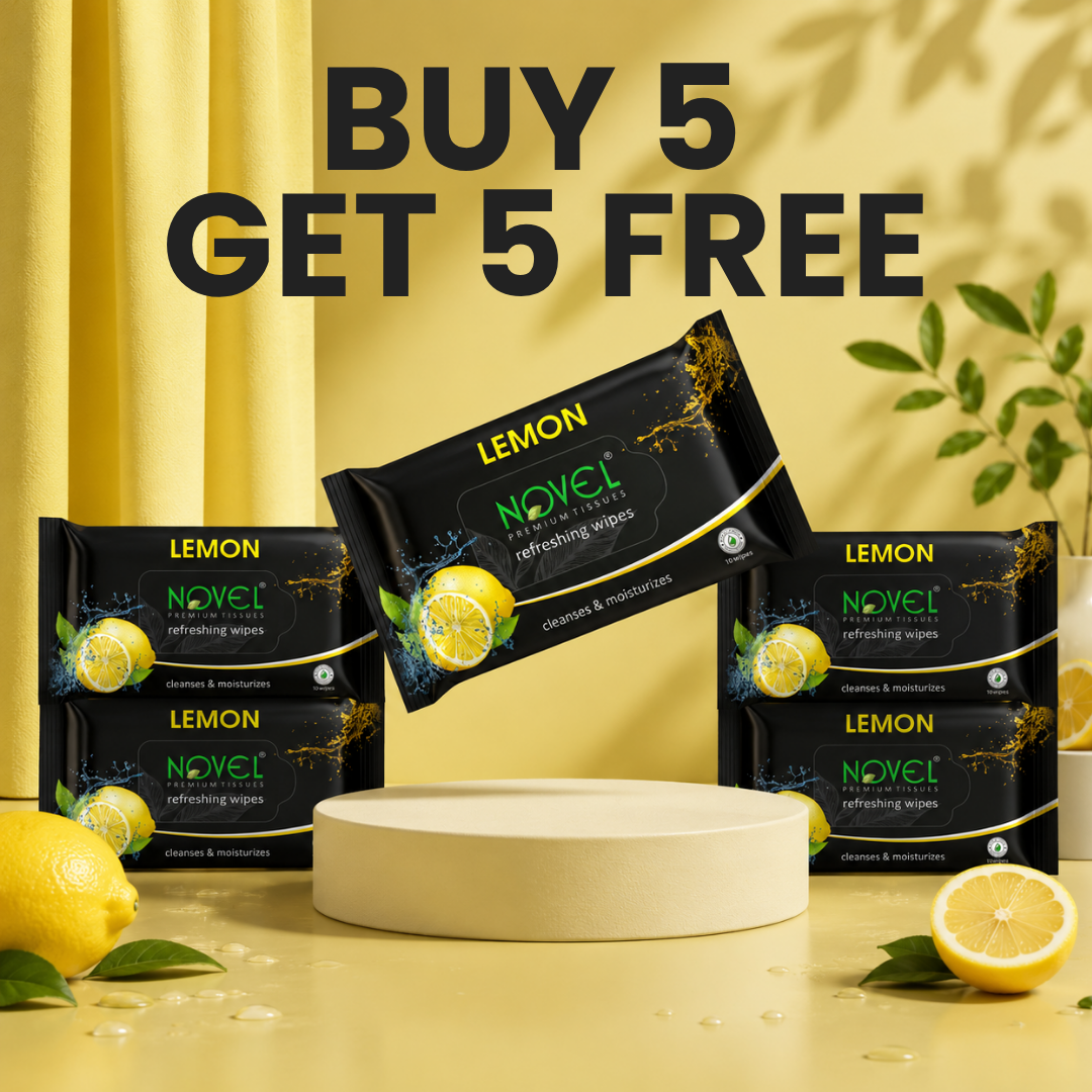 Novel Refreshing Wet Wipes | Alcohol-Free, Aqua Glycerine with Lemon Fragrance | 25 Wipes (Pack of 5) – Instant Facial Refresh with Oil Control for Clear Skin | For Daily Facial Use | Buy 5 Get 5