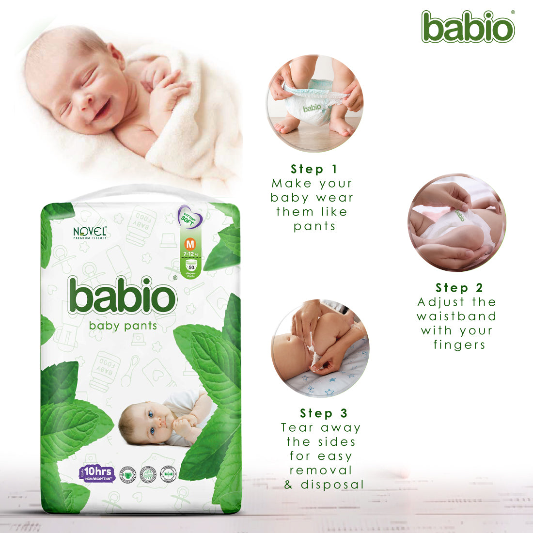 Novel Babio Baby Diaper Pants – Size M (50 Pieces) | Buy 1 Get 1