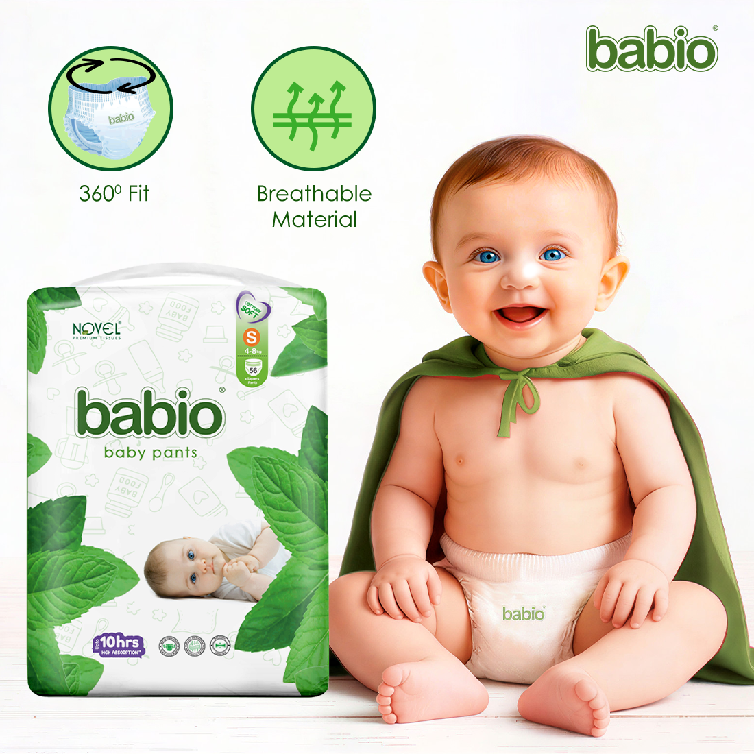Novel Babio Baby Diaper Pants – Size S(56 Pieces) | Extra Comfort, Leak Protection & Up to 10 Hours Dryness