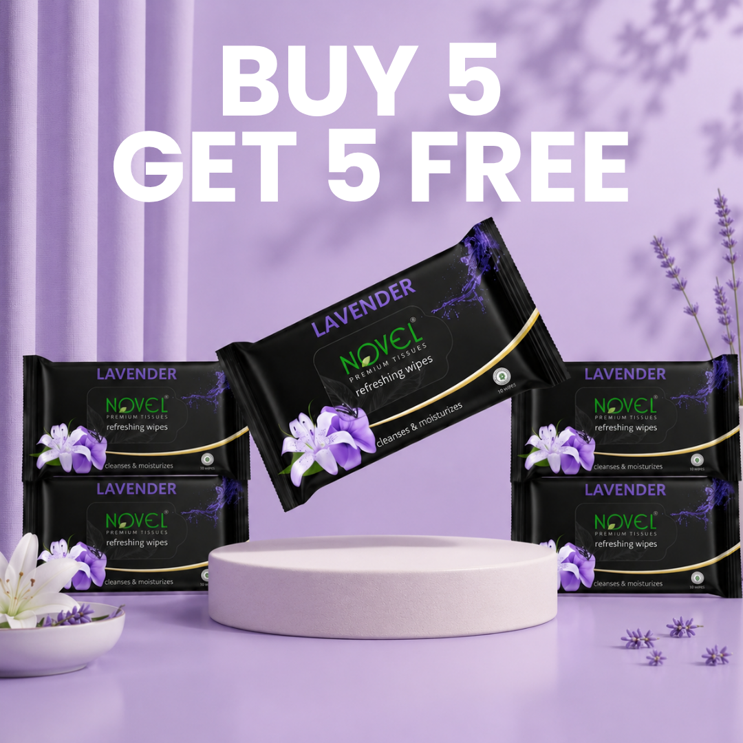 Novel Refreshing Wet Wipes | Alcohol-Free, Aqua Glycerine with Lavender Fragrance | 25 Wipes (Pack of 5) – Soothing Facial Refresh for Tired & Dull Skin | For Daily Facial Use | Buy 5 Get 5