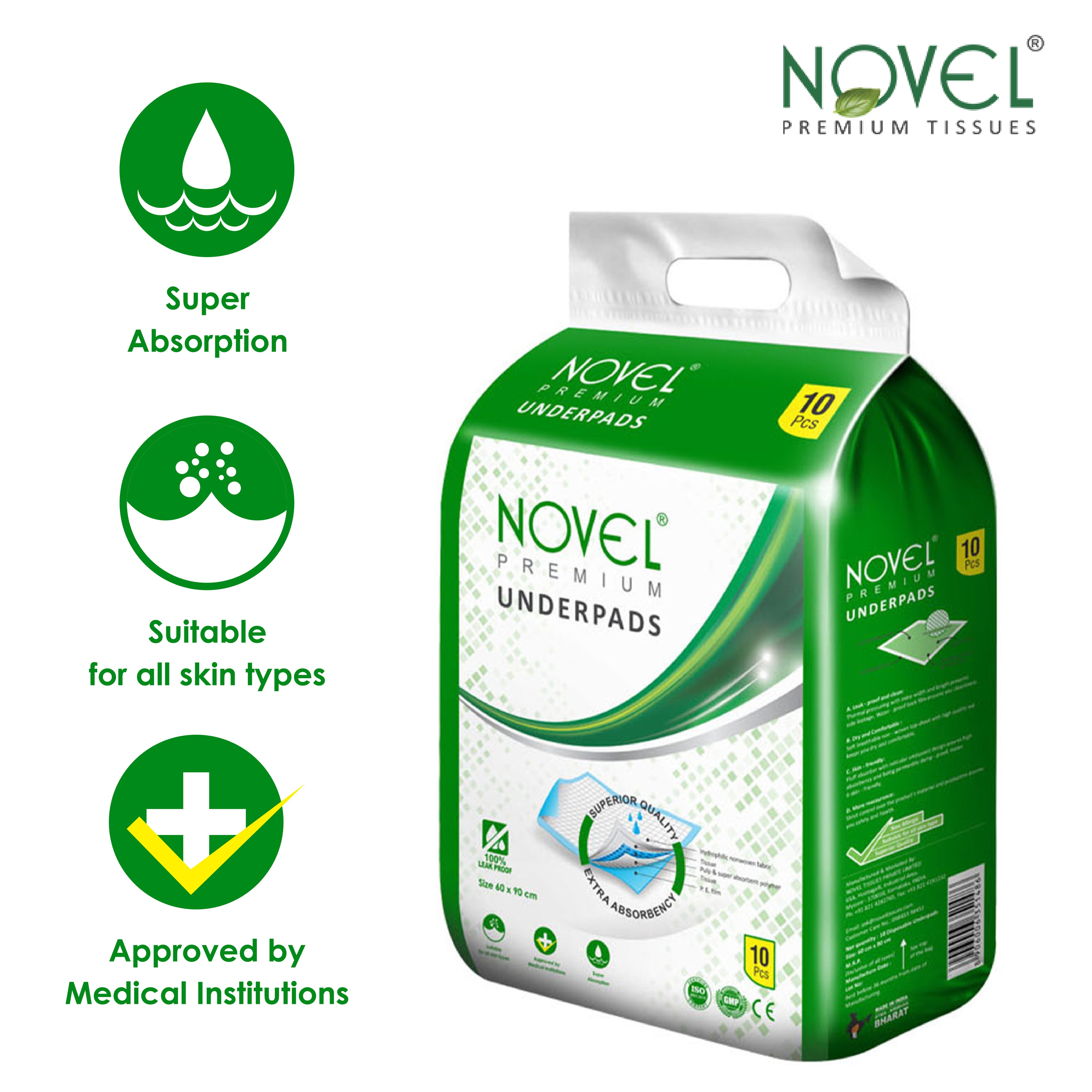 NOVEL Adult Absorbent Disposable Under Pads | Sweat & Bed Protection Pads – 10'S