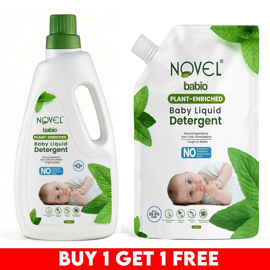 Novel Babio Baby Liquid Detergent | Plant-Enriched Fabric Care | 1L + Free Refill Pack (1L) – Gentle & Effective Laundry Care for Baby Clothes | Suitable for Daily Use