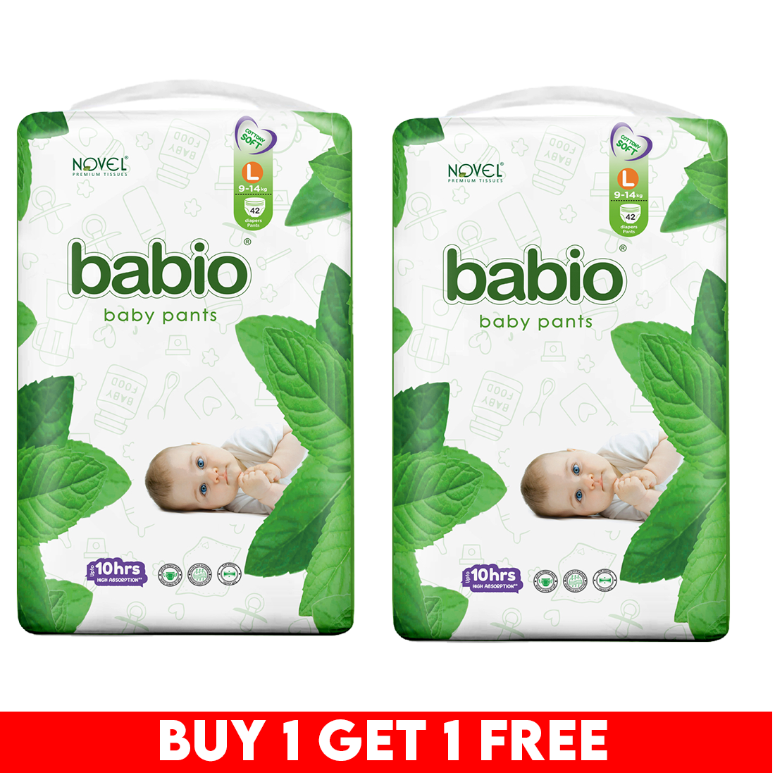 Novel Babio Baby Diaper Pants – Size L (42 Pieces) | Buy 1 Get 1