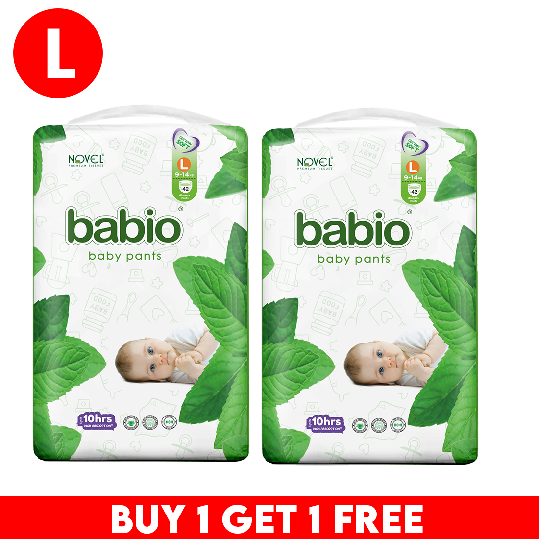 Novel Babio Baby Diaper Pants Size L (42 Pieces) – Easy Pull-Up, High Absorbency, Up to 10 Hours Dryness | Leak Protection, Soft & Breathable | Comfortable Fit | Buy 1 Get 1