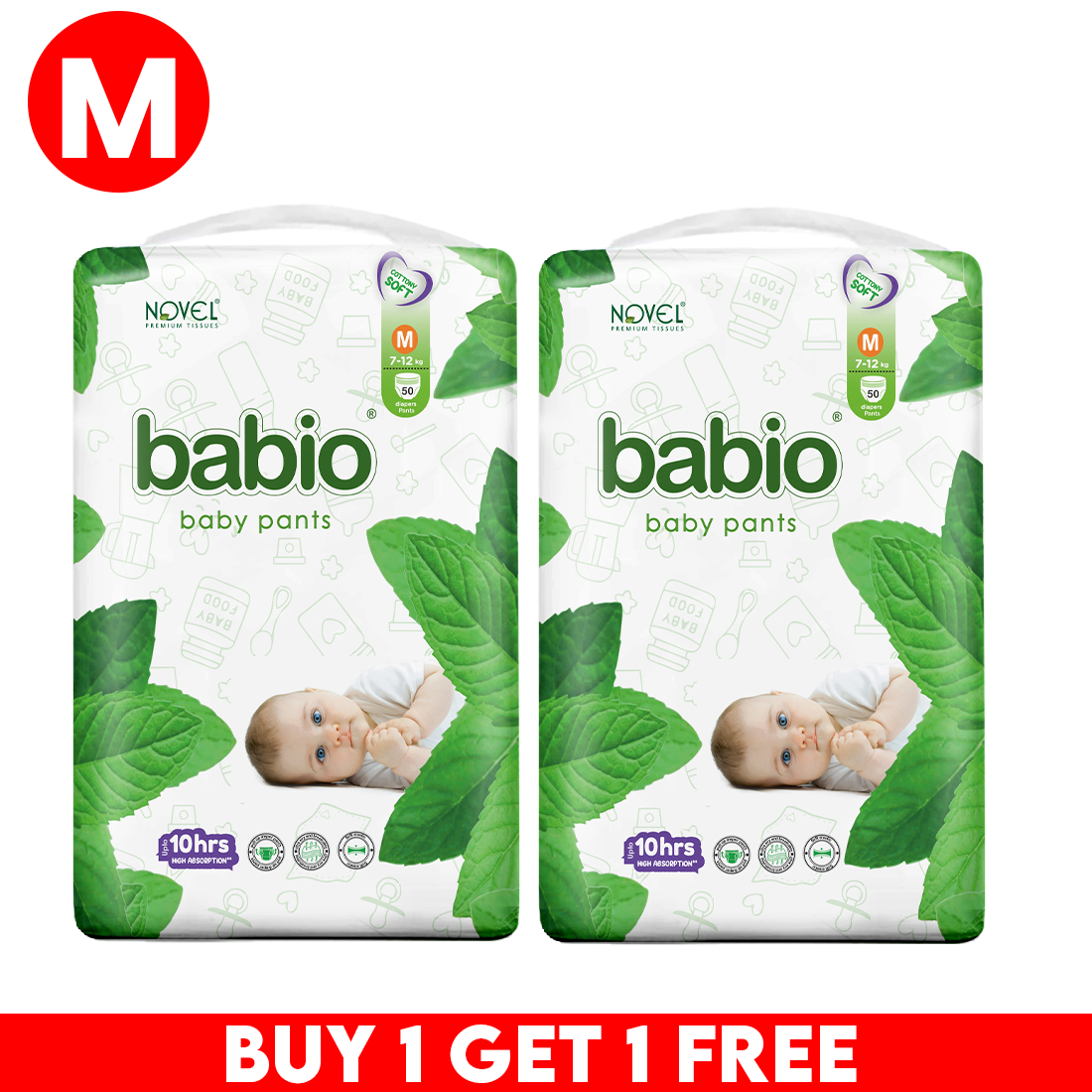 Novel Babio Baby Diaper Pants Size M (50 Pieces) – Easy Pull-Up, High Absorbency, Up to 10 Hours Dryness | Leak Protection, Soft & Breathable | Comfortable Fit | Buy 1 Get 1