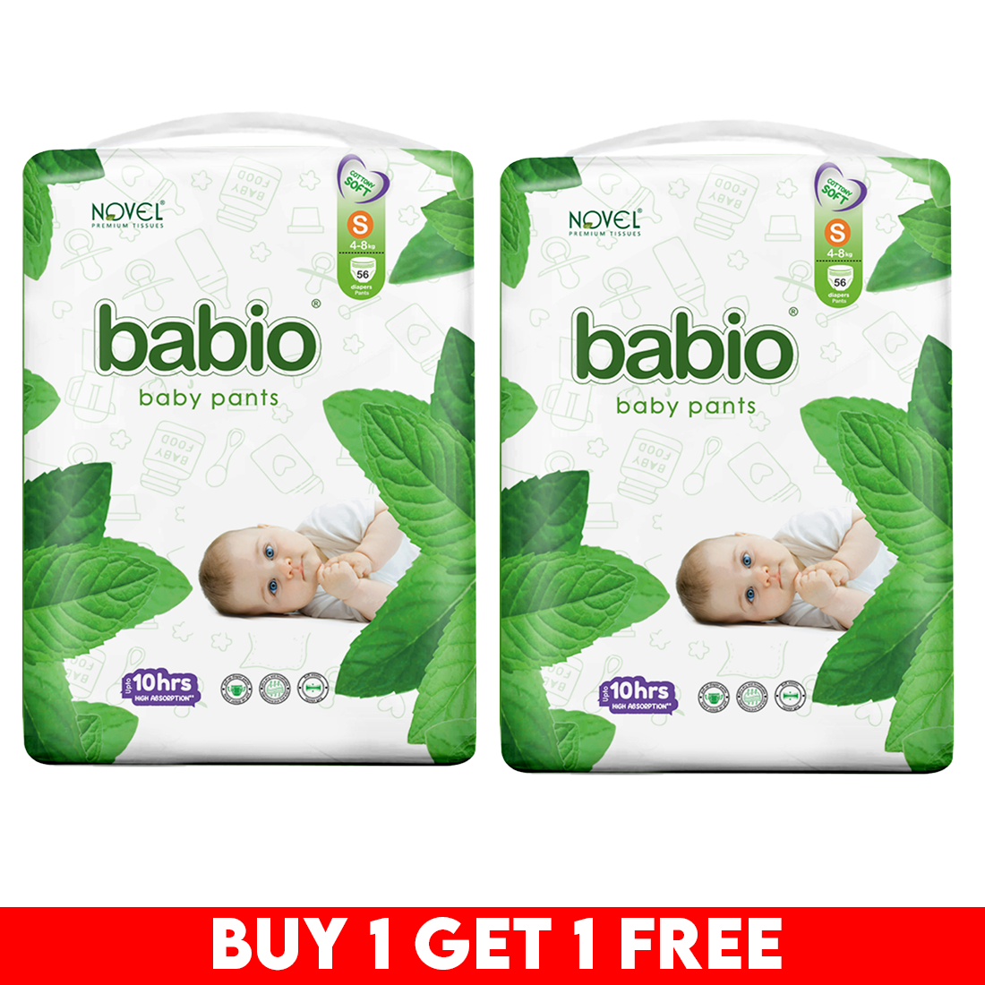 Novel Babio Baby Diaper Pants – Size S (56 Pieces) | Buy 1 Get 1