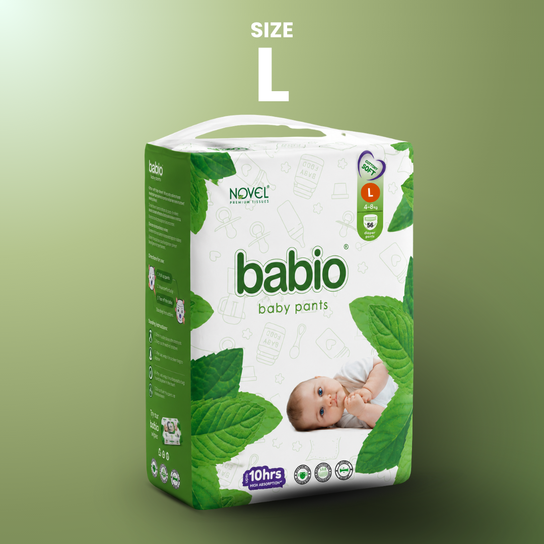 Novel Babio Baby Diaper Pants Size L (42 Pieces) – Easy Pull-Up, High Absorbency, Up to 10 Hours Dryness | Leak Protection, Soft & Breathable | Comfortable Fit