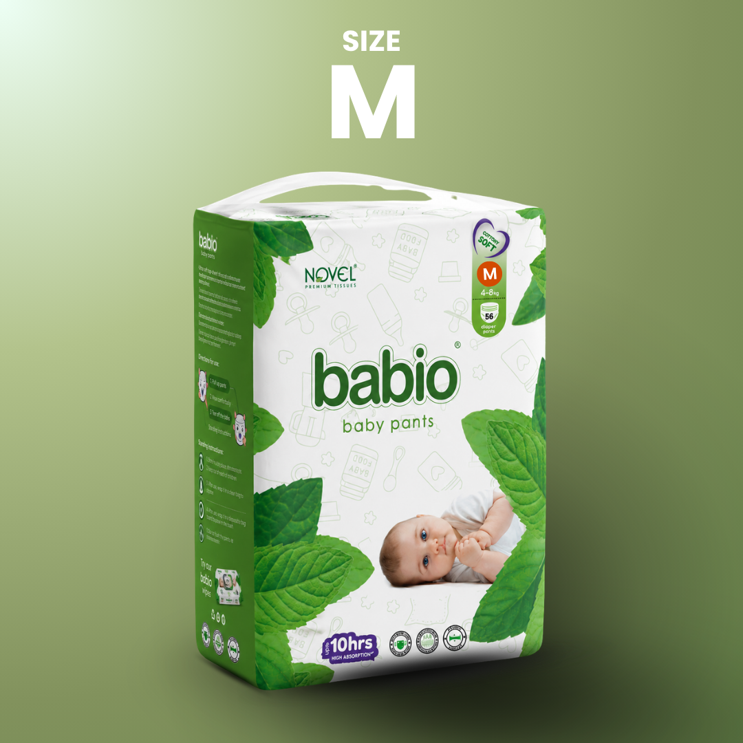 Novel Babio Baby Diaper Pants Size M (50 Pieces) – Easy Pull-Up, High Absorbency, Up to 10 Hours Dryness | Leak Protection, Soft & Breathable | Comfortable Fit