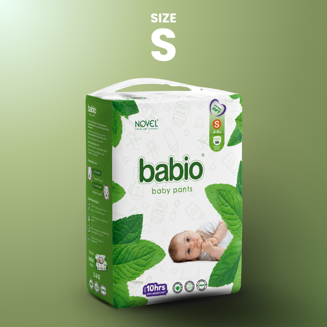 Novel Babio Baby Diaper Pants Size S (56 Pieces) – Easy Pull-Up, High Absorbency, Up to 10 Hours Dryness | Leak Protection, Soft & Breathable | Comfortable Fit