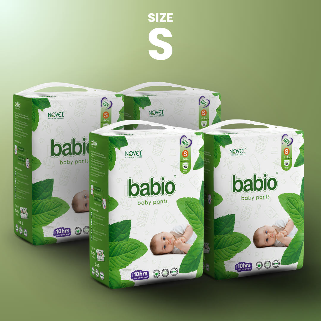 Novel Babio Baby Diaper Pants Size S (4–8 kg) | 56 Pants, Up to 10 Hrs Dry