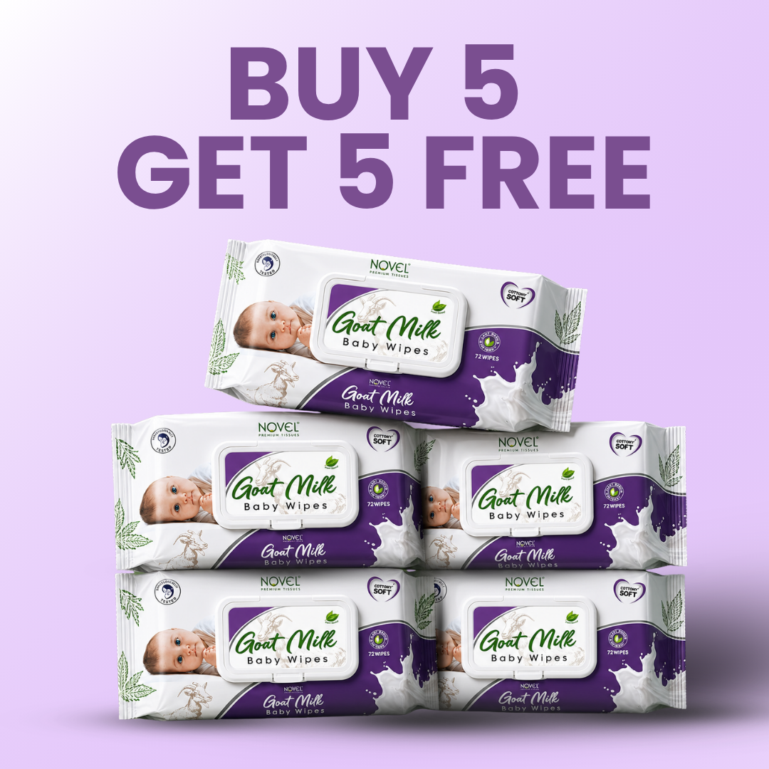 Novel Babio Premium Goat Milk Baby Wipes with Lid | 72 Wipes (Pack of 5) – Gentle Cleansing & Nourishing Care for Baby Skin | Soft, Alcohol-Free & Skin-Friendly | Buy 5 Get 5