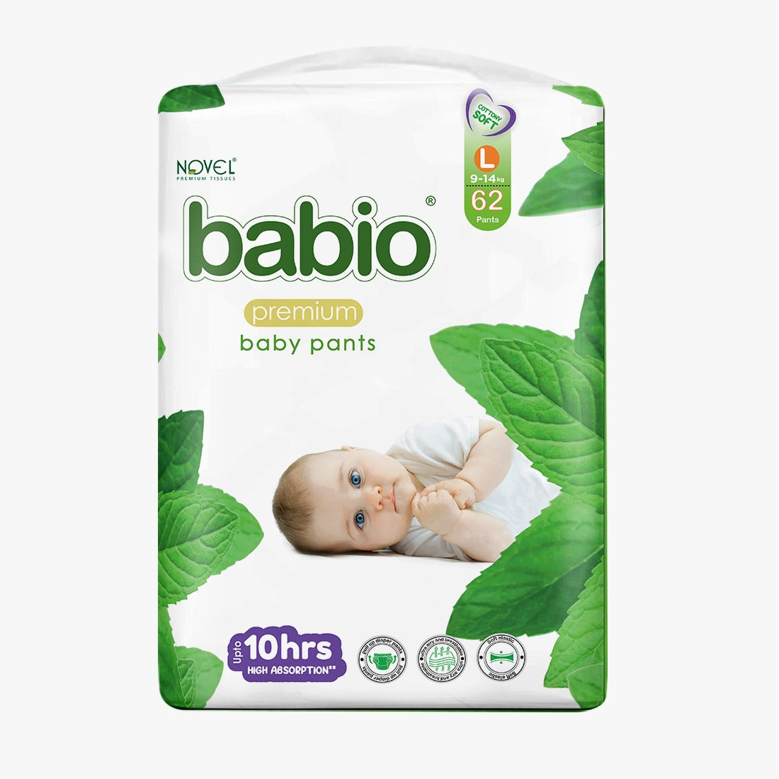Novel Babio Baby Premium Diaper Pants – Size L (62 Pieces) | Extra Comfort, Leak Protection & Up to 10 Hours Dryness