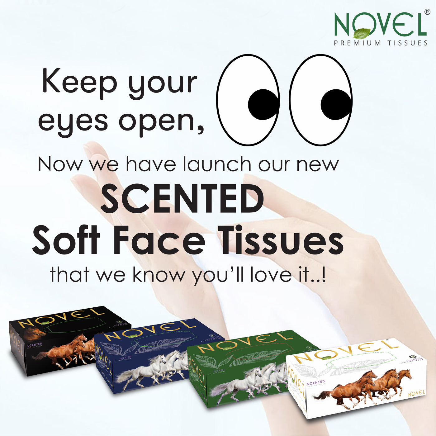 Promotional image announcing the launch of Novel scented soft face tissues in multiple pack designs, highlighting premium quality and softness