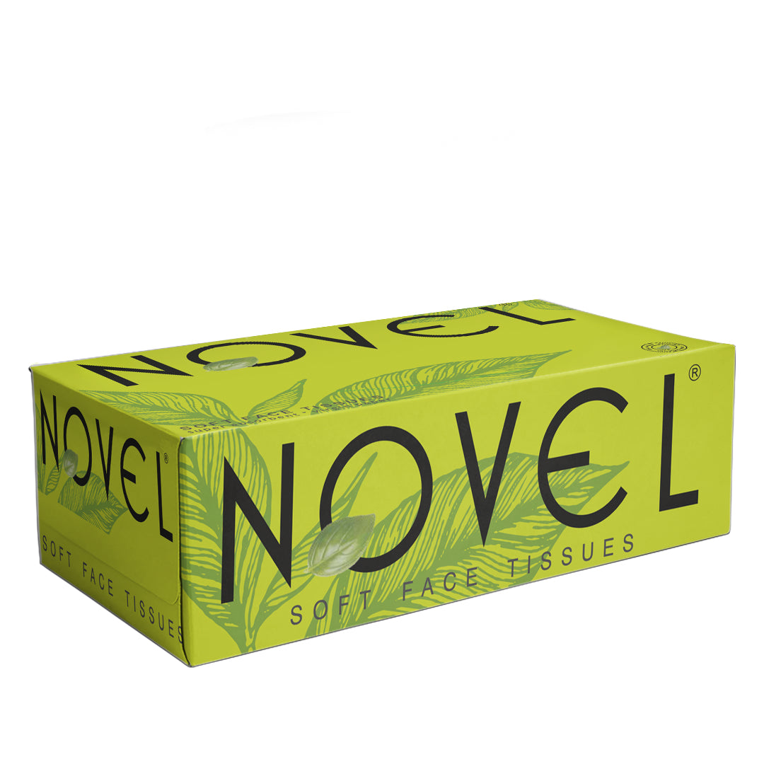 Novel Soft Face Tissues 2-Ply Unscented – Premium green box with botanical leaf design, gentle and skin-safe tissues for everyday use