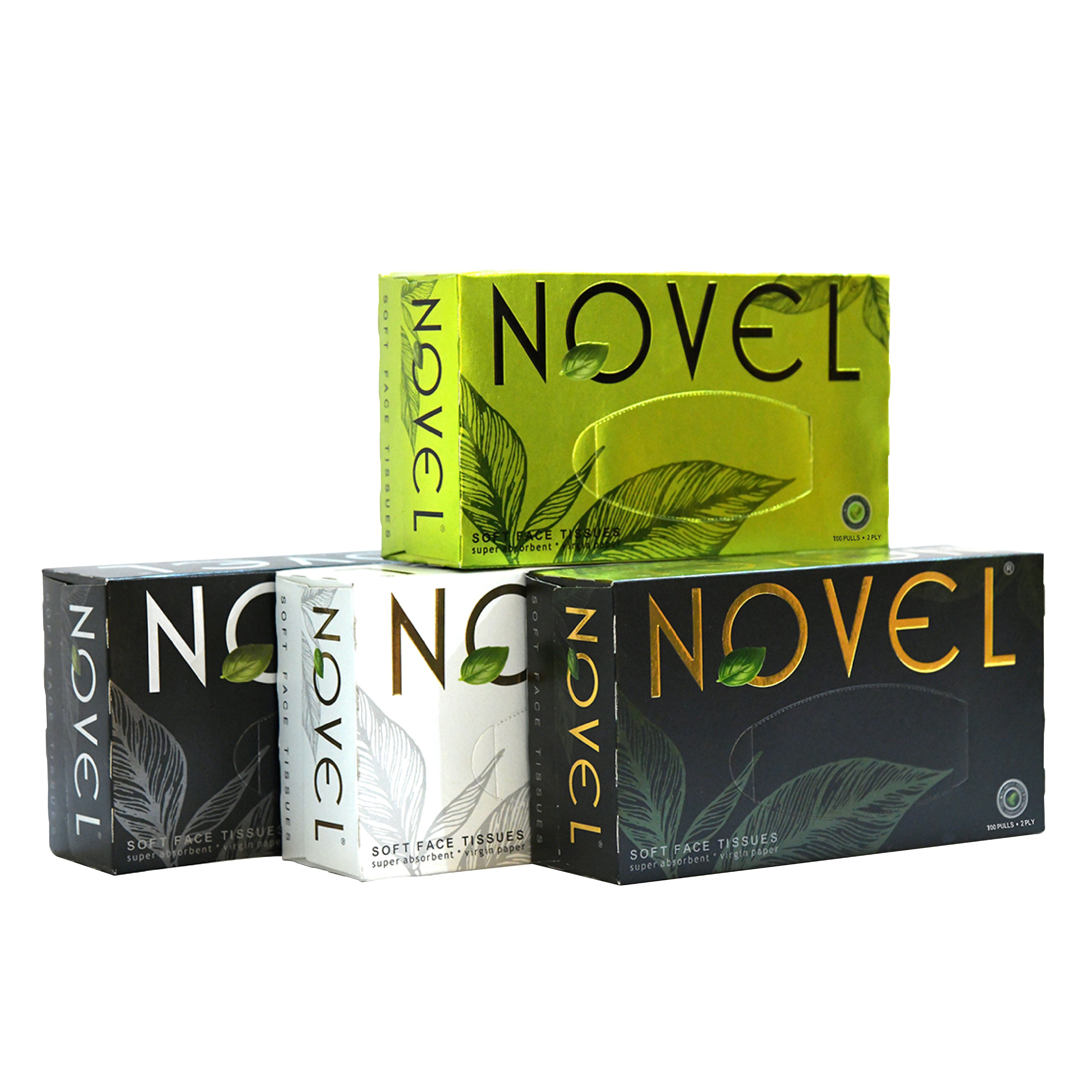 Novel Soft Face Tissues – Assorted Premium Boxes in Green, Black, White, and Grey with 2-Ply Unscented Facial Tissues, Super Absorbent and Gentle on Sensitive Skin