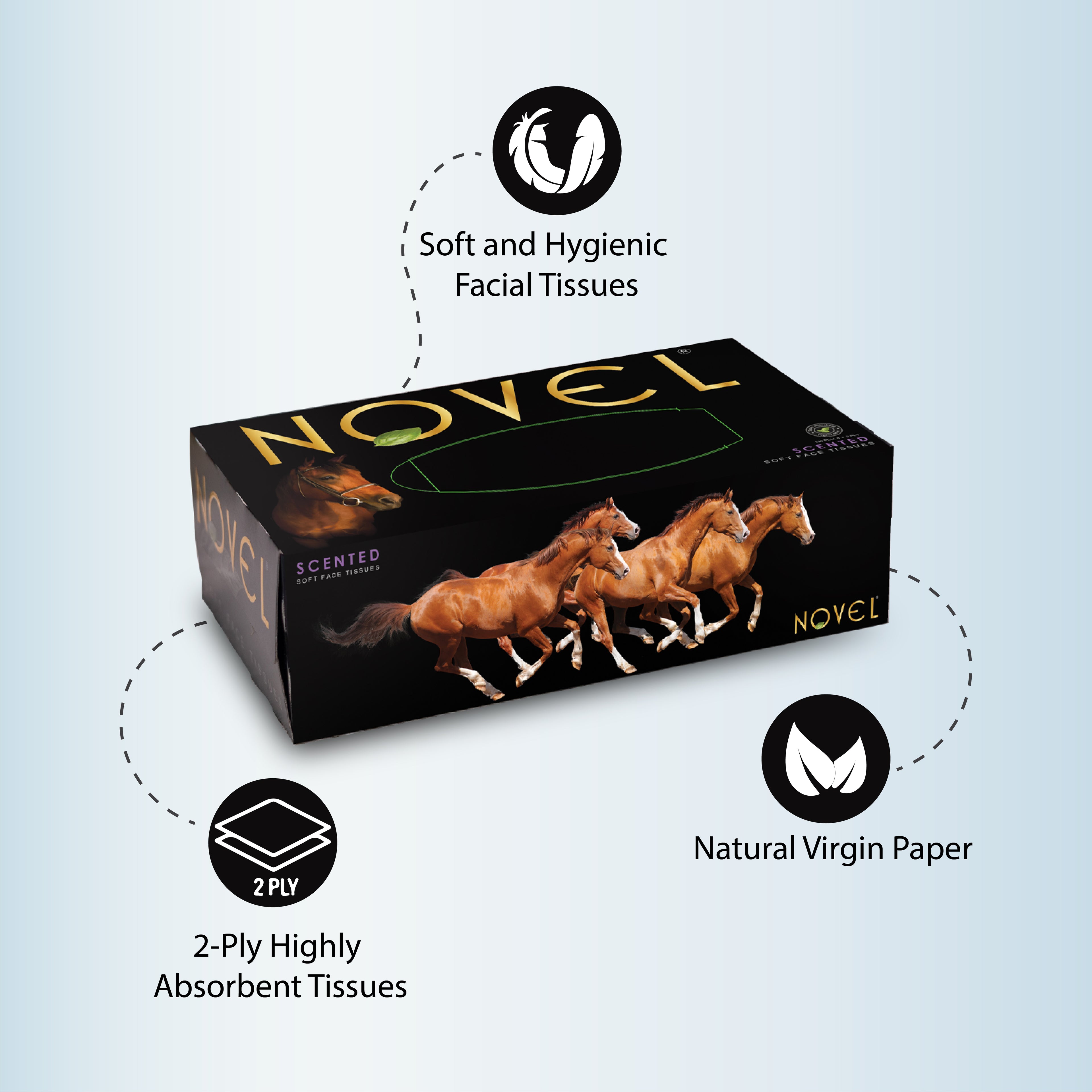 Box of Novel 2-ply facial tissues made from natural virgin paper, featuring soft, hygienic, and highly absorbent tissues