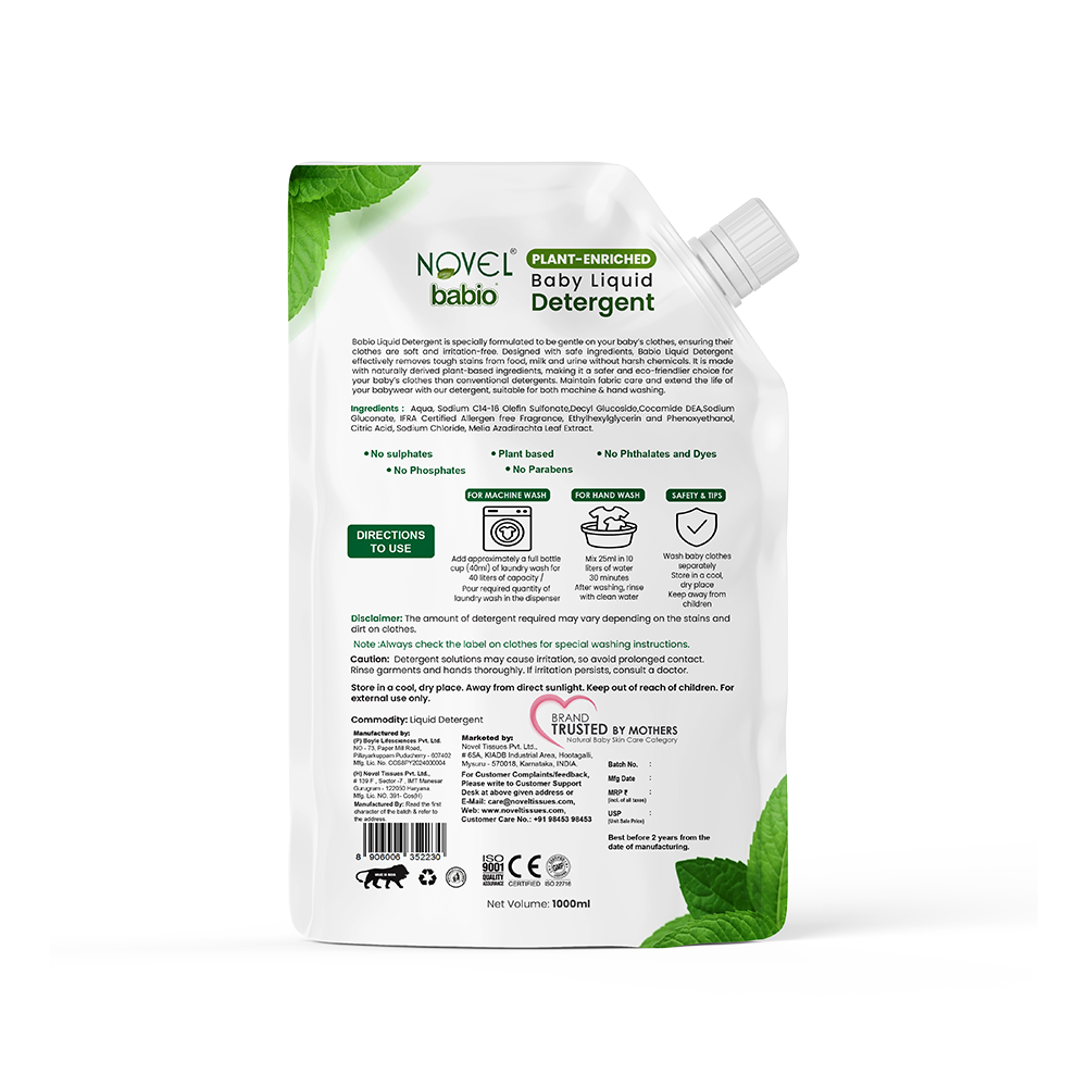 Novel Babio Baby Liquid Detergent – Plant-Enriched 1L Bottle + Free Refill (1L)