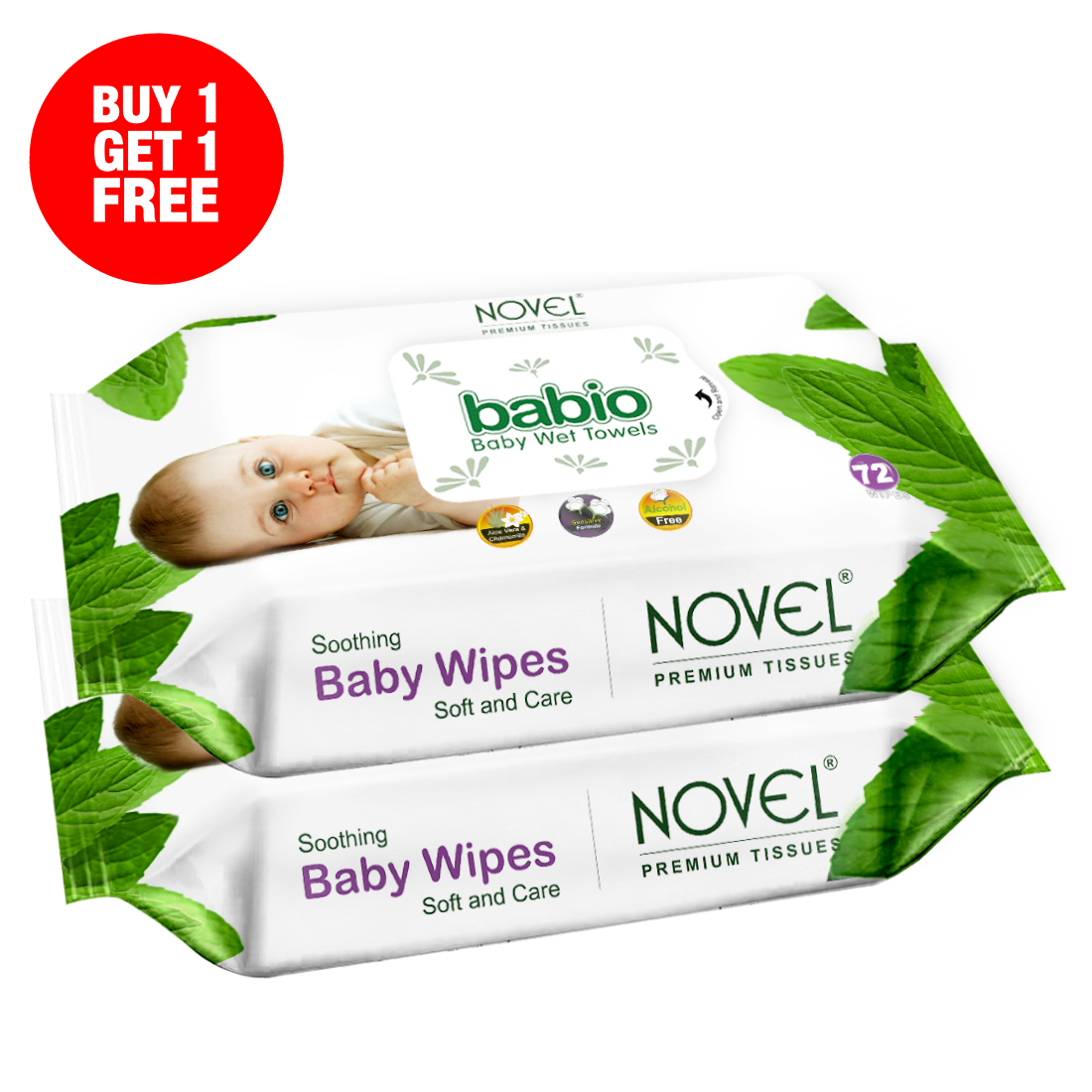 Novel Babio Baby Wipes | Aloe Vera & Chamomile | 72 Wipes (Pack of 2)