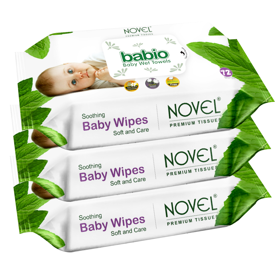 Novel Babio Baby Wipes | Aloe Vera & Chamomile | 72 Wipes (Pack of 3)