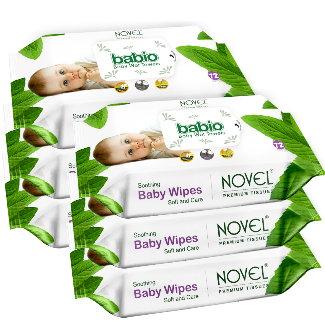 Novel Babio Baby Wipes | Aloe Vera & Chamomile | 72 Wipes (Pack of 6)