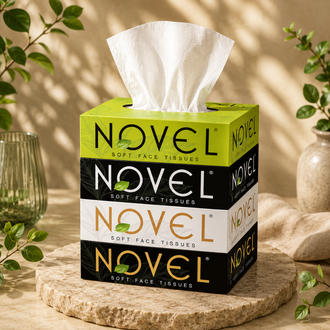 Novel Soft Facial Tissues | 2-Ply Soft Touch | 100 Pulls (Pack of 4) – Gentle Facial Care, Strong & Absorbent | Smooth & Comfortable Feel for Daily Use | Compact & Travel-Friendly Pack