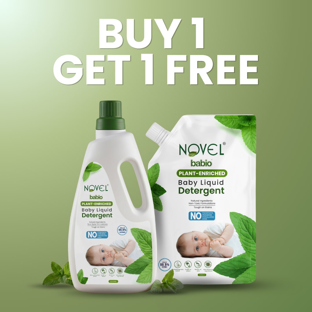 Novel Babio Baby Liquid Detergent | Plant-Enriched Fabric Care | 1L + Free Refill Pack (1L) – Gentle & Effective Laundry Care for Baby Clothes | Suitable for Daily Use