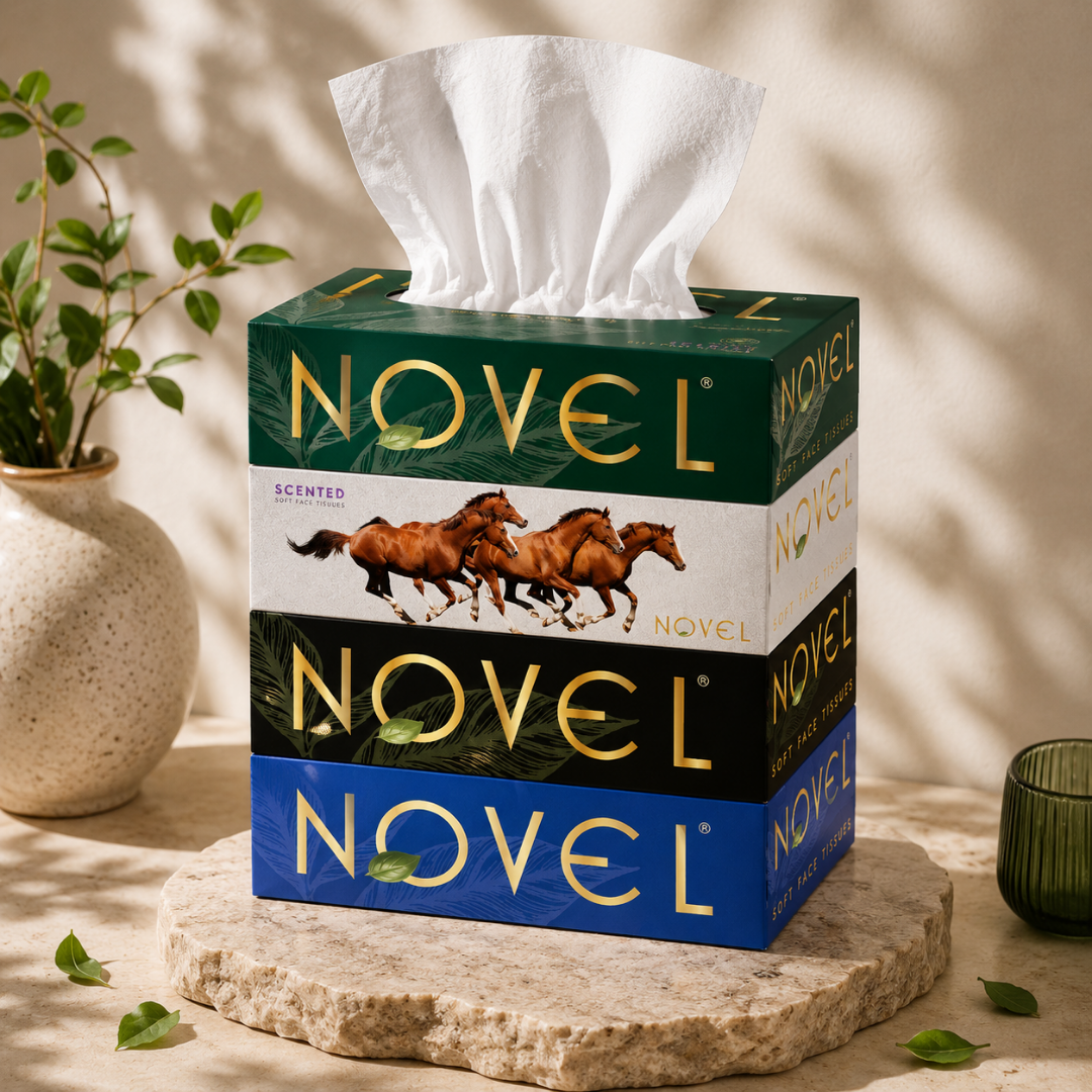 Novel Scented Facial Tissues | 2-Ply Soft Touch with Refreshing Fragrance | 100 Pulls (Pack of 4) – Gentle Facial Care, Strong & Absorbent | Compact, Travel-Friendly Pack for Home, Car & Office
