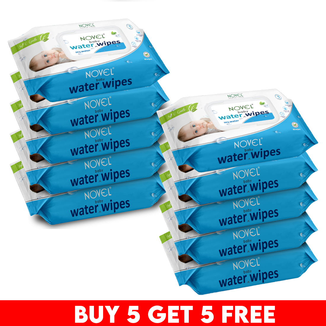 Novel Babio Baby Water Wipes with Lid | 80 Wipes | Buy 5 Get 5