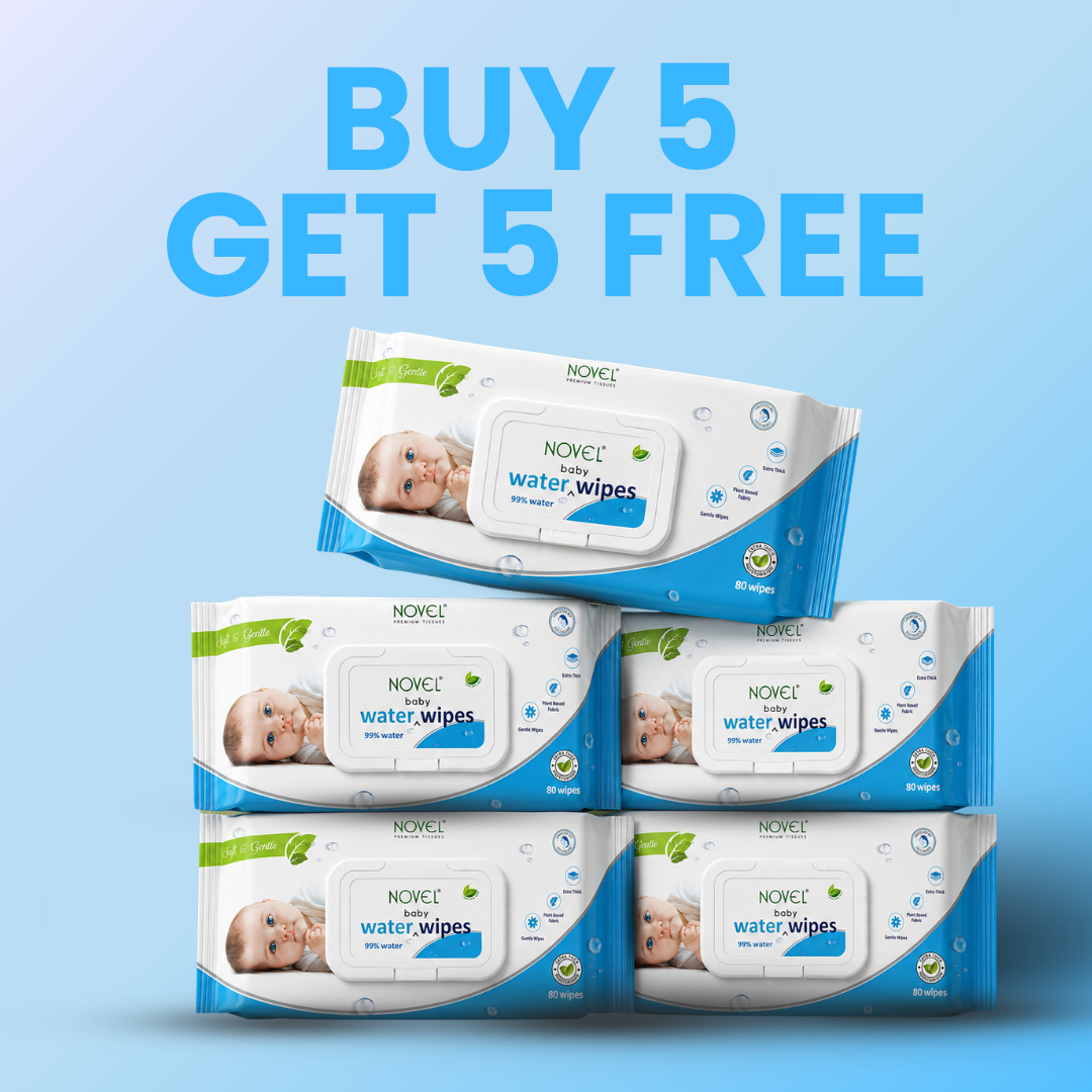 Novel Babio Baby Water Wipes with Lid | 80 Wipes (Pack of 5) – 99% Pure Water, Ultra-Gentle Cleansing for Delicate Baby Skin | Soft, Alcohol-Free & Fragrance-Free | Buy 5 Get 5