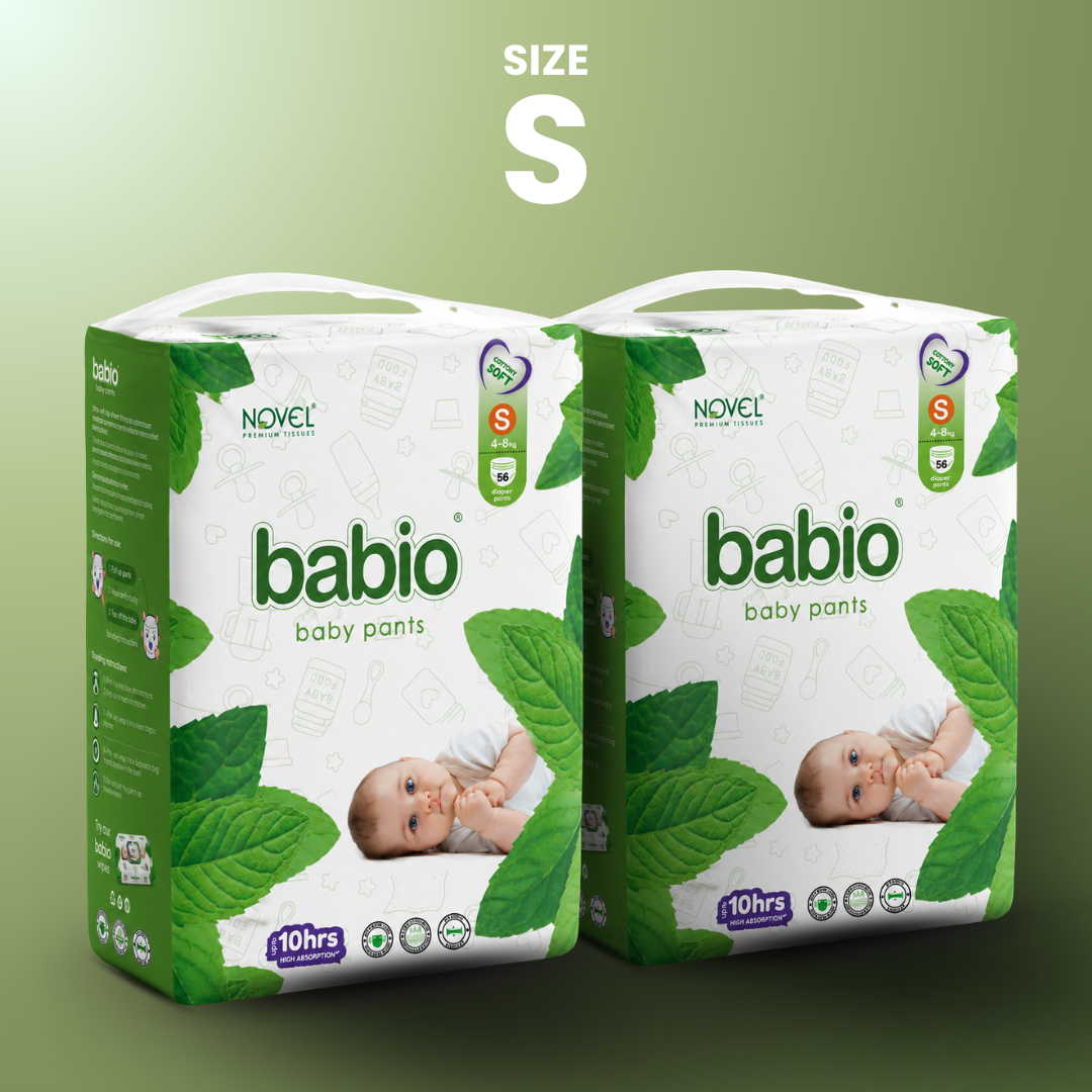 Novel Babio Baby Diaper Pants Size S (4–8 kg) | 56 Pants, Up to 10 Hrs Dry